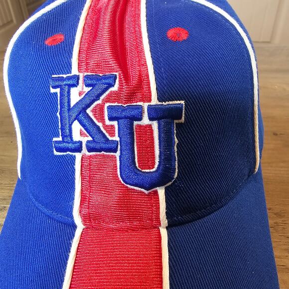 Vintage Kansas University Jayhawks Strapback Hat Cap 90s KU Blue Striped Retro - Picture 2 of 8